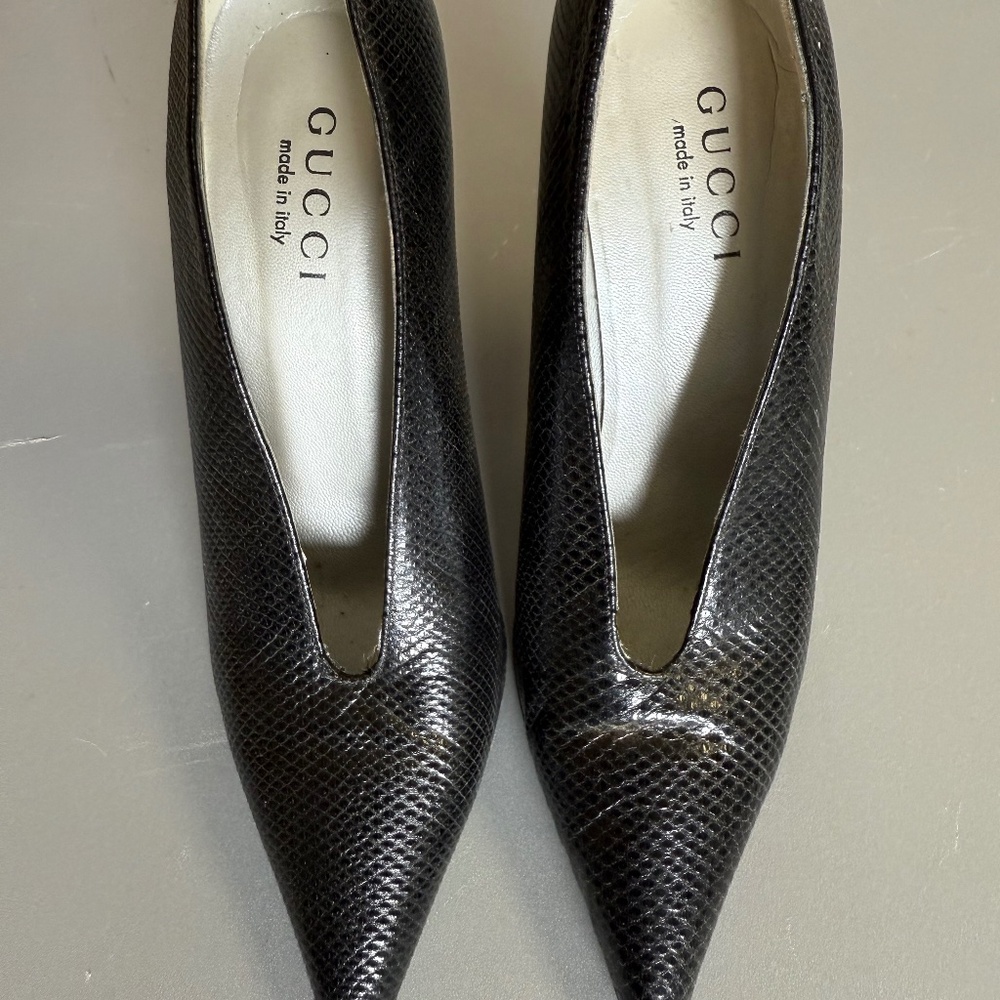 Gucci Black Snakeskin Stilettos w/ Mirrored Metal Arch — 4” Heel (Size 7B)